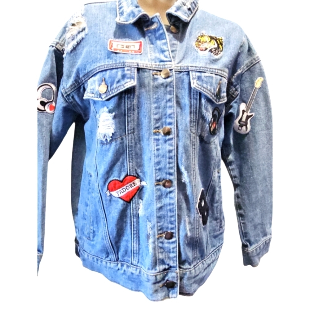 Hand Crafted Upcycled Rock Music Jean Jacket Vintage Embordery Patchwork Size S - Picture 5 of 17